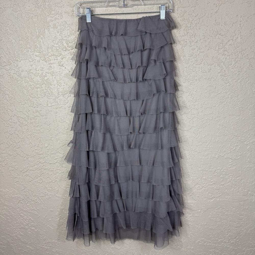 Tiered Ruffle Maxi Skirt Womens XS Gray Tulle Mesh Fairycore Whimsical Ethereal